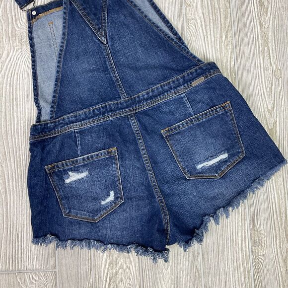 KanCan Easton Mid Rise Overall Shorts Size Large Dark Wash Distressed Pockets KC - Picture 4 of 8